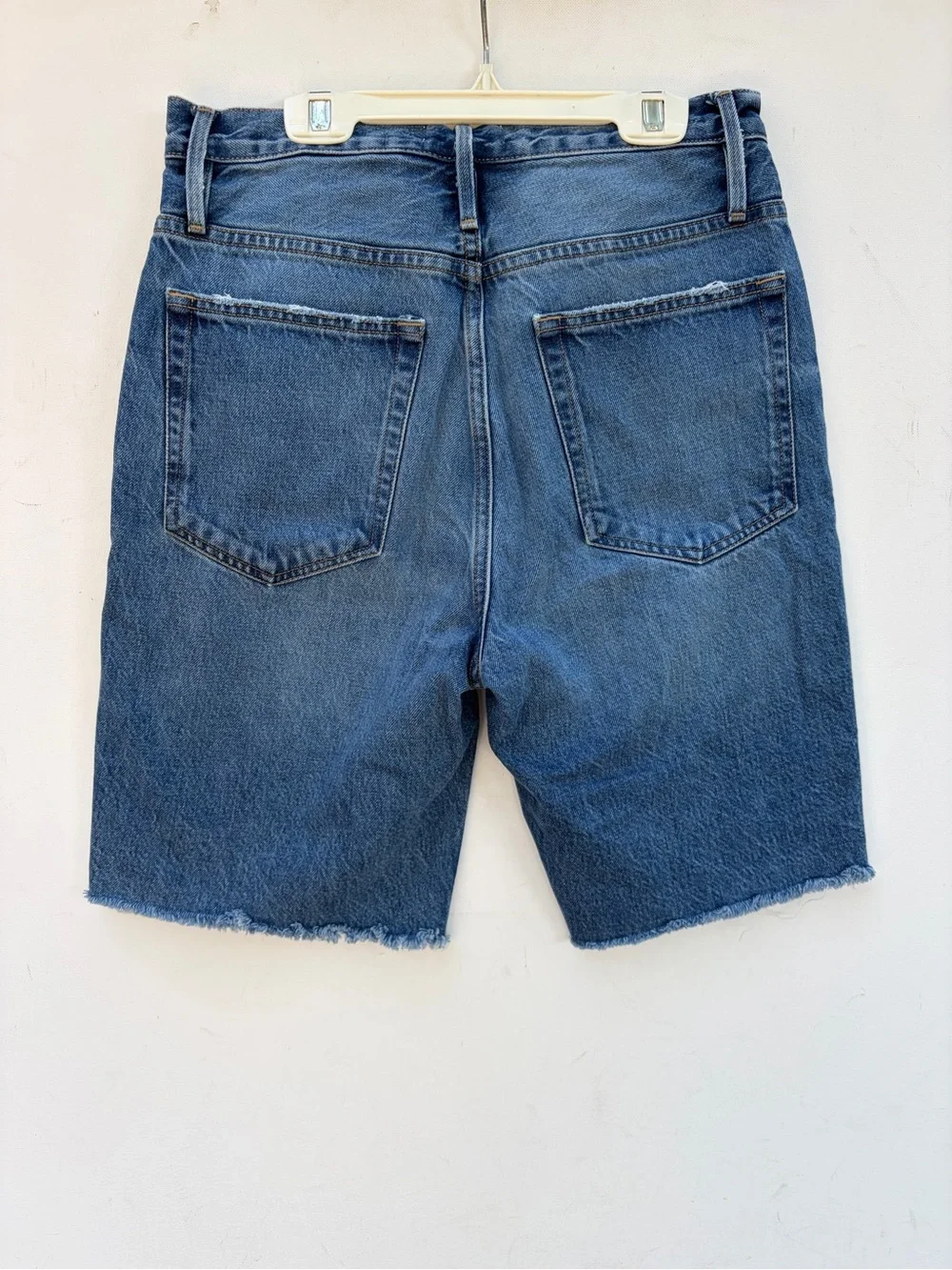 Frame High Rise Long Denim Bermuda Shorts in Del Amo